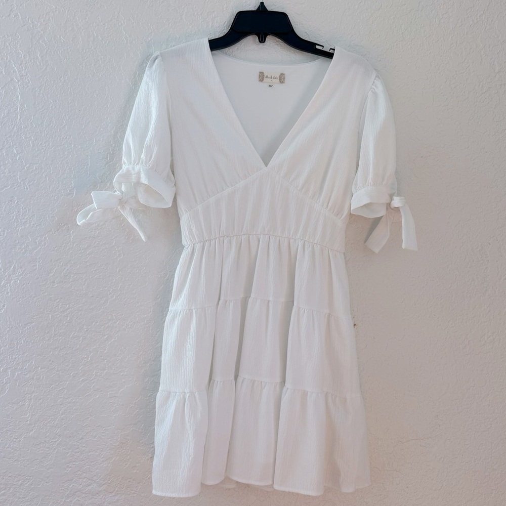 White Altered State Dress - Size Medium - Bow Tie Bubble Sleeve, Tiered Skirt